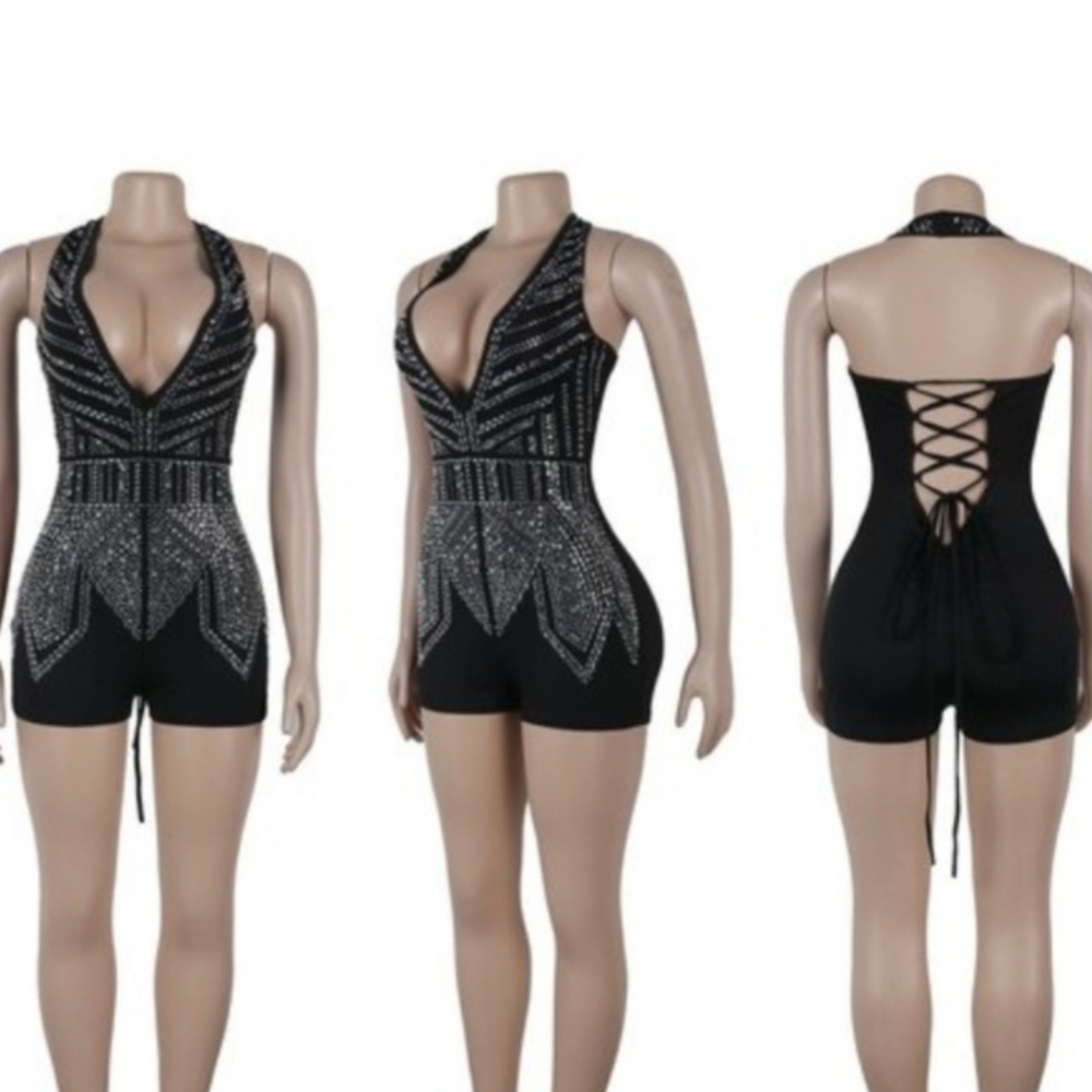 Holiday Party Black Embellished Beaded Romper V-Neck Halter Stretchy - Picture 4 of 15